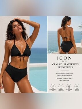 Icon Swim Black High Waist Bikini XL Halter Triangle Two Piece Minimalist